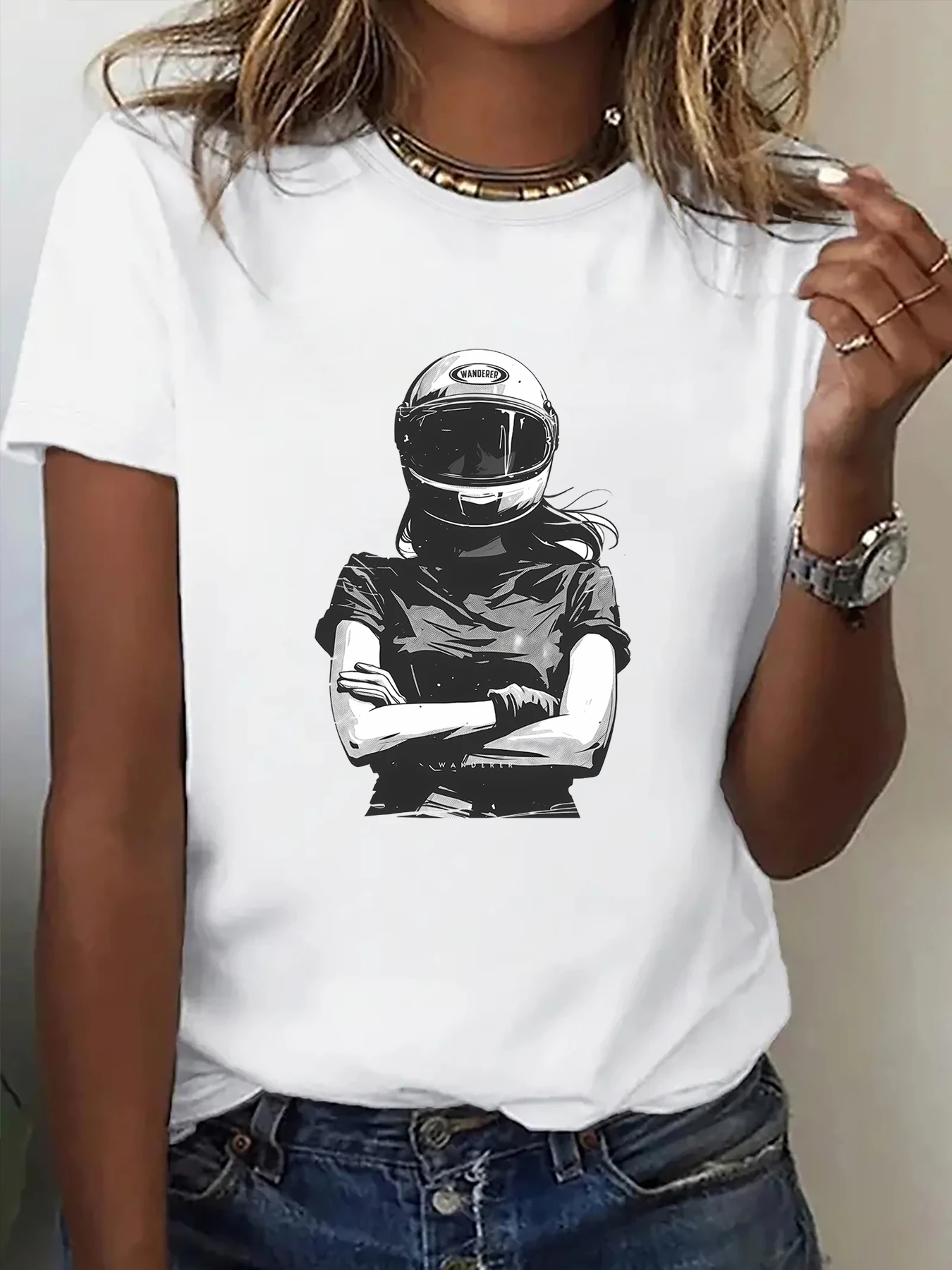 Women's T-Shirt Motorcycle Rider Graphic Print Women T-Shirt Casual Round Neck Short Sleeve Summer Top Comfort Clothing