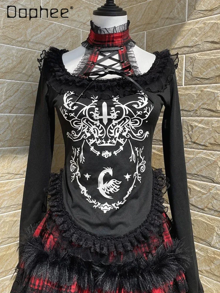 

Gothic Lace Halter T Shirt Print Long Sleeve Bandage Two Piece Sets Girls Plaid Elastic Waist Mini Skirt Y2k Japanese Style