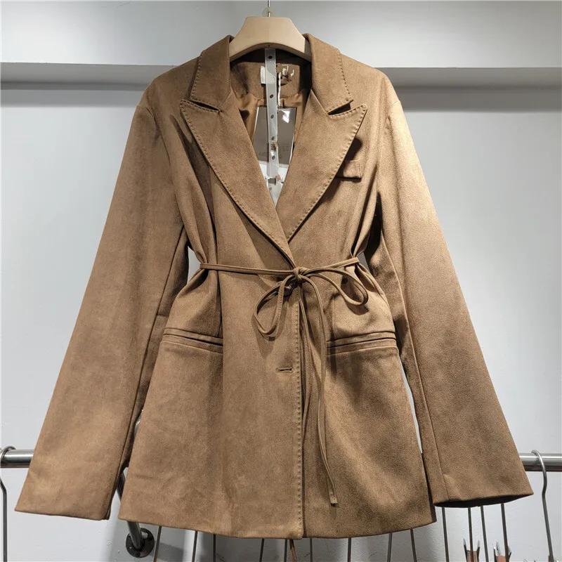 WTHT 패션 여성 붕대 라펠 디자인 솔리드 컬러 코트 트렌디 2025 가을 긴팔 턴다운 칼라 재킷 여성 1LS2365