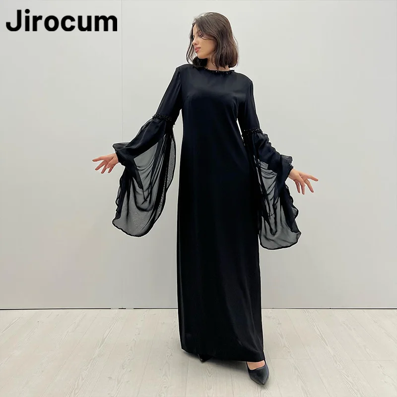 Jirocum Simple O Neck Prom Dress Women's Full Sleeve Beaded Evening Gown A Line Black Ankle Length Custom Special Occasion Gowns