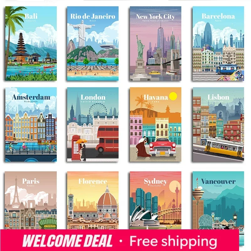 Poster mit weltberühmten Tourist-Städten, London, New York City, Reise-Wandkunst, Leinwandgemälde, Bild, Heimdekoration für das Wohnzimmer