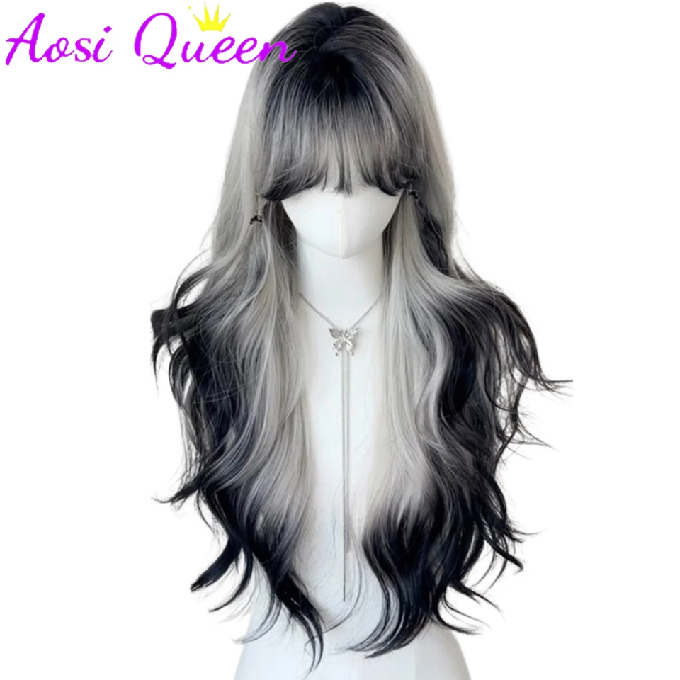 AOSI  Long Body Wave Black And Gray Gradient Cosplay Wigs Heat Resistant Synthetic Wigs Bangs Natural Lolita Wigs For Women