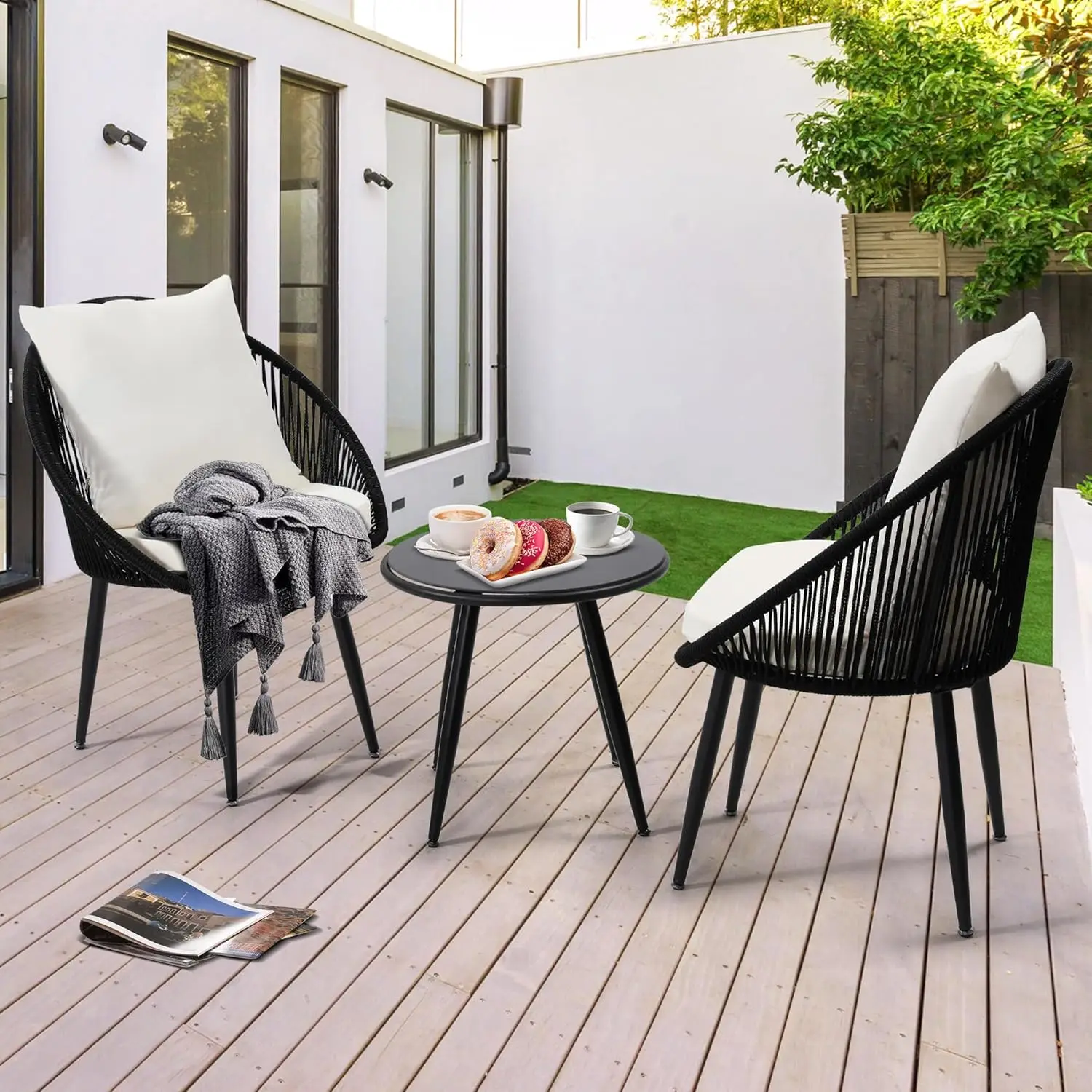 3 Stuks Bistro Set, Geweven Touw Stoel Met Kussens, All Weather Patio Conversatie Set En Bijzettafel, Voor Dek, Zwembad, Zwart