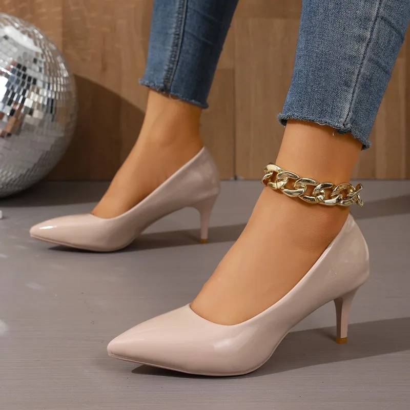 

Темпераментные туфли на шпильке из лакированной кожи, женские модные нескользящие туфли без шнуровки на высоком каблуке с острым носком и неглубоким носком