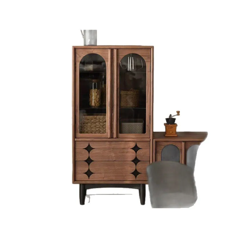 New black walnut color side cabinet removable locker living room storage cabinet villa high-end glass door display cabinet