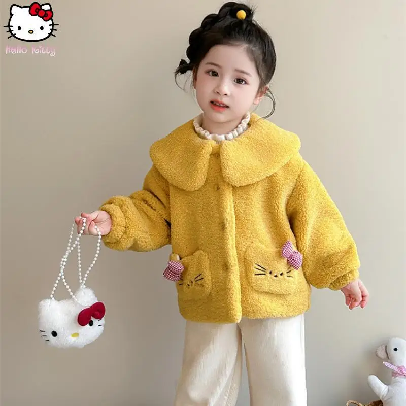 

Детское утолщенное пальто с кукольным воротником с рисунком кота, кавайное осенне-зимнее новое теплое пальто из овечьей шерсти для девочек, модная одежда