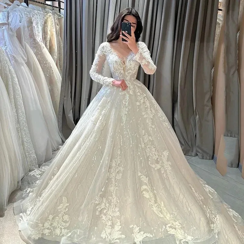 Elegant Shiny Modest Bride Wedding Gowns V Neck Princess Wedding Dresses A Line Long Sleeve Appliqued Lace Bride Dress customiz