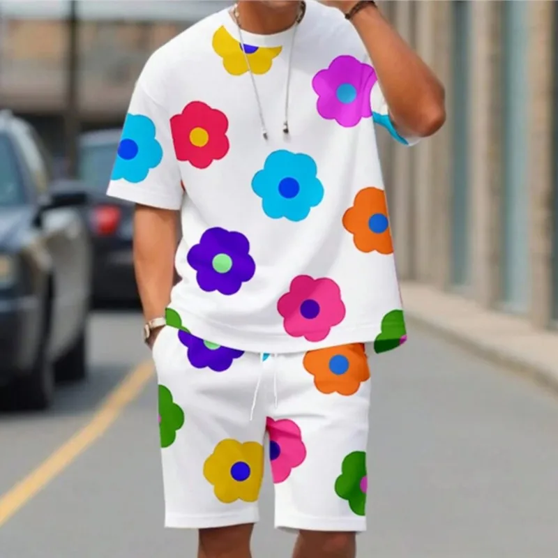 

Men's Summer Short Sleeve Set Floral Printed Round Neck T Shirt Suit Street Outdoor Breathable T Shirt Drawstring Shorts Set
