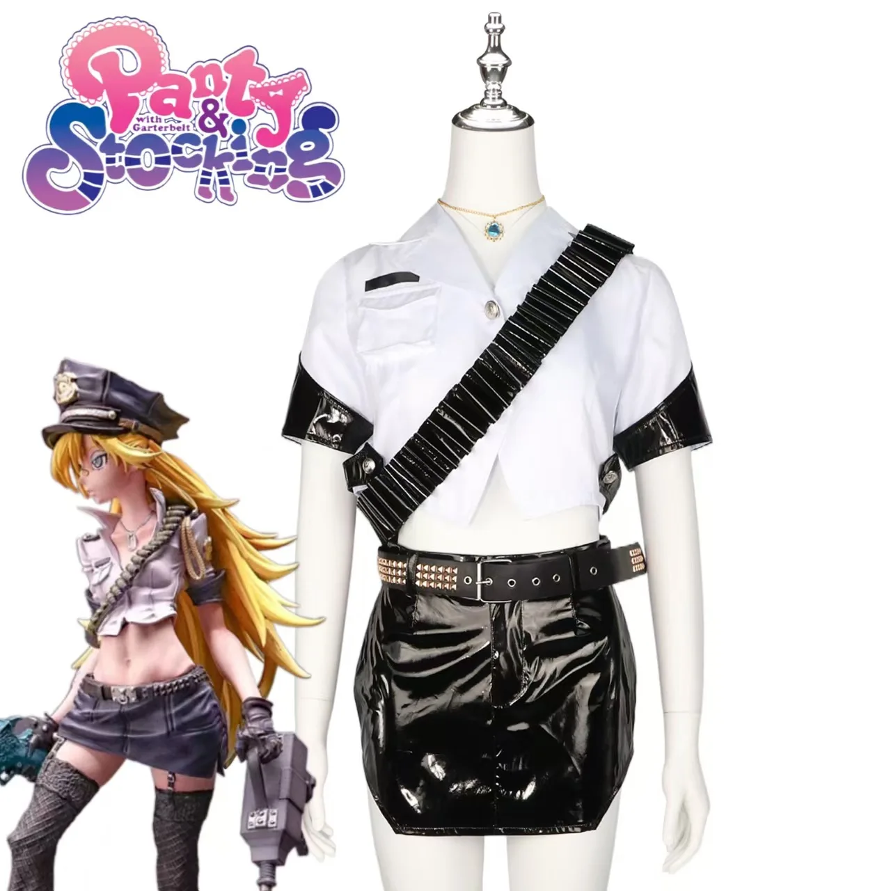 Anime Panty Stocking Cosplay Costume Sexy Fishnet Stockings Hat Accessories Panty Leather Skirt Police Lady Set Cosplay Outfit view 3
