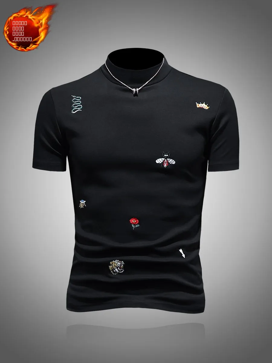 

Мужская футболка с высоким воротником, вышивкой, из чистого хлопка, тонкая, утепленная, осенняя, модная, в городском стиле
