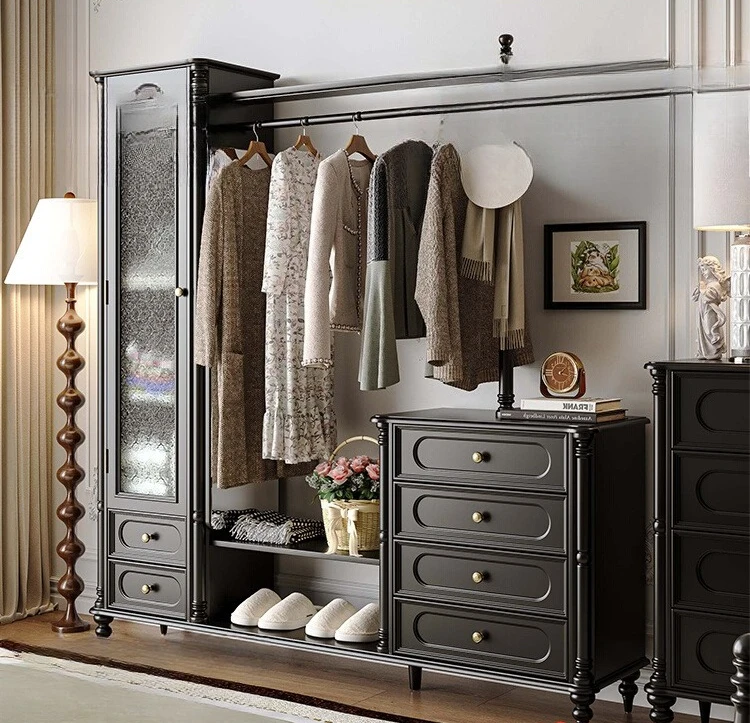 

American retro style all solid wood bedroom, bedside chest, coat rack integrated with full-length mirror, hanger for storage