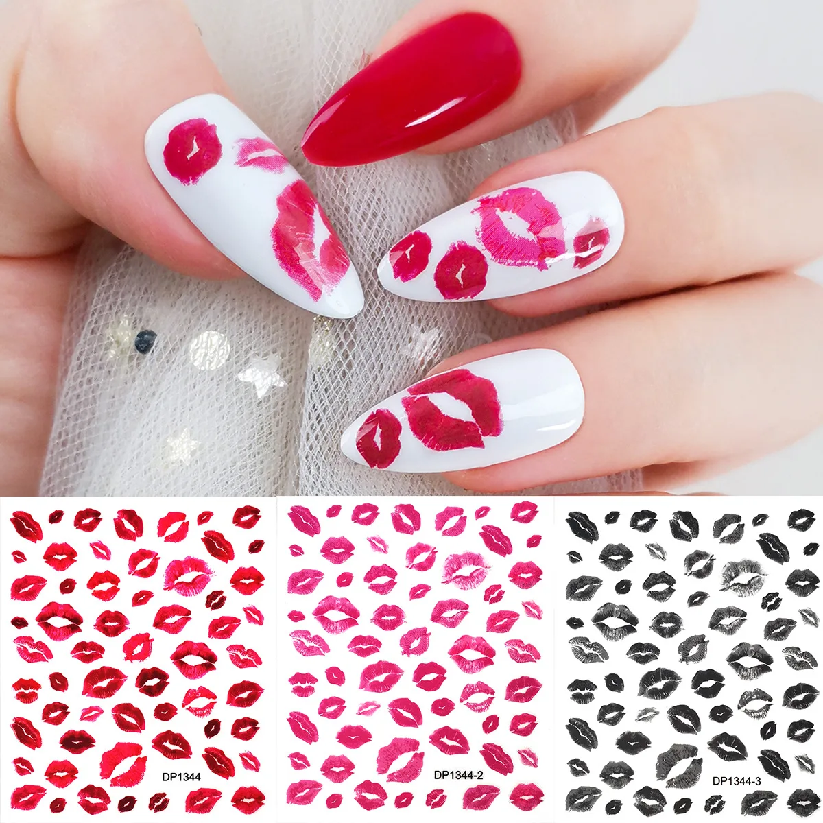 3pcsred black and white Cross-border hot girl style red lip manicure stickers personalized cool lip print ultra-thin adhesive