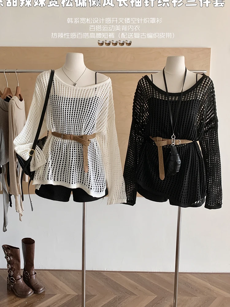 Autumn Women Korean 2000s Aesthetic Y2k Chic Outfits 3 Piece Set Loose Casual Crochet Top + Camisole + High Waist Black Shorts