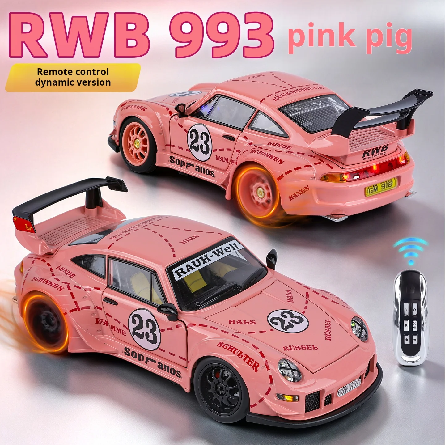1:24 RC Dynamic Movable Diecast Model 911 GT3 Pink Pig Forward & Backward Controllable，Collectible Ornament Gift,Trendy Toy