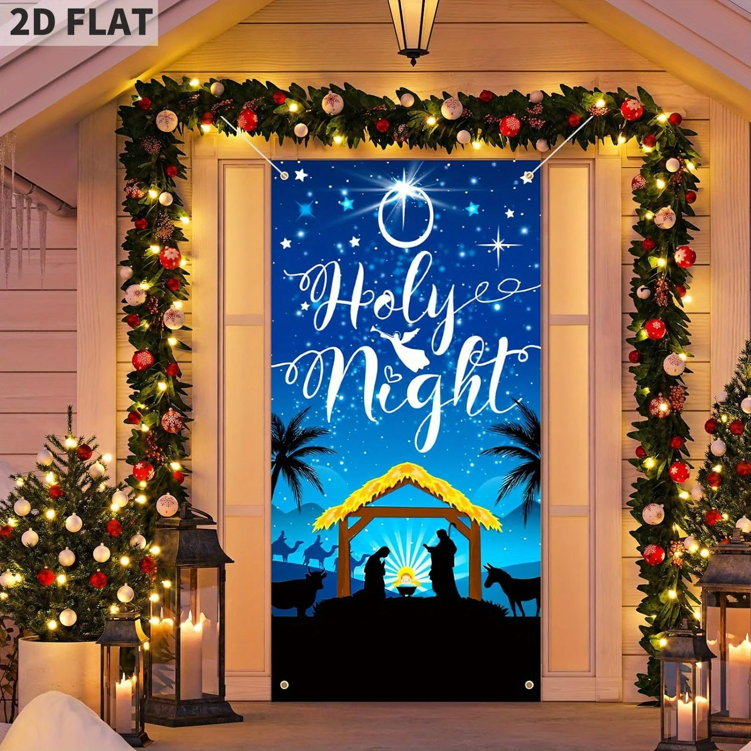 غطاء باب الليل المقدس لعيد الميلاد - لافتة مشهد المهد باللون الأزرق الداكن لمستلزمات حفلات عيد الميلاد مادة البوليستر مع طباعة واضحة