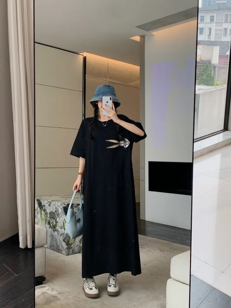 T-shirt ample ort Sve Dr coréen Sle Hong Kong Sle Design ouvert fendu vêtements d'extérieur approprié mi-long h-ape Dr