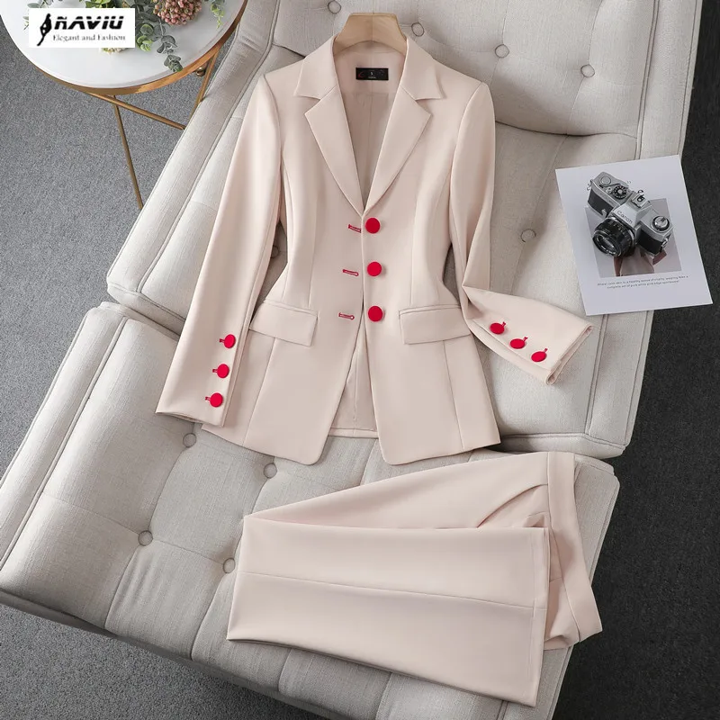 

Apricot Suits Women Autumn New High End Fashion Business Temperament Slim Blazer And Flare Pants Office Ladies Work Wear