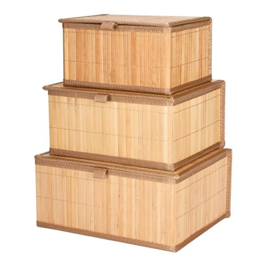 

Bamboo Decorative Storage Boxes With Lids - Nesting Rectangular Lidded Box for Organization - Stackable Basket with Cloth Liner