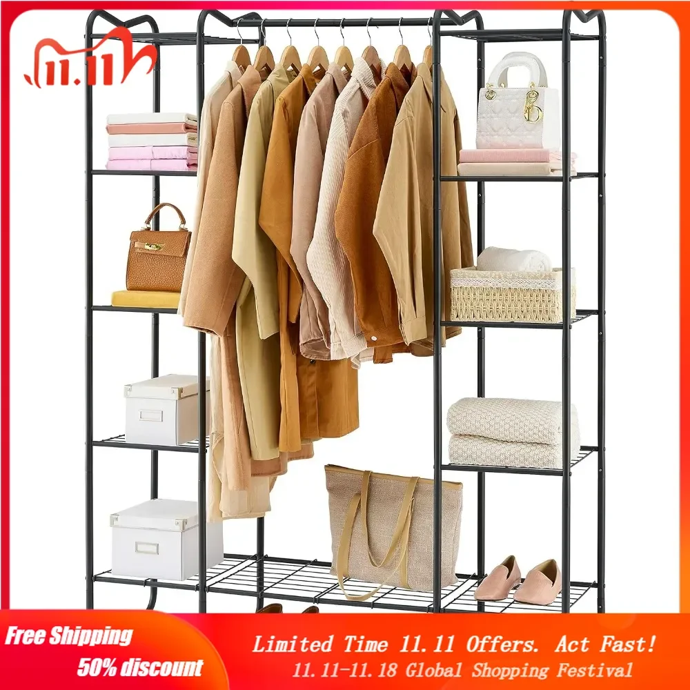 

Wardrobe Closet with 8 Metal Shelves, Freestanding Garment Rack, Heavy Duty Clothing Rack For Hanging Clothes