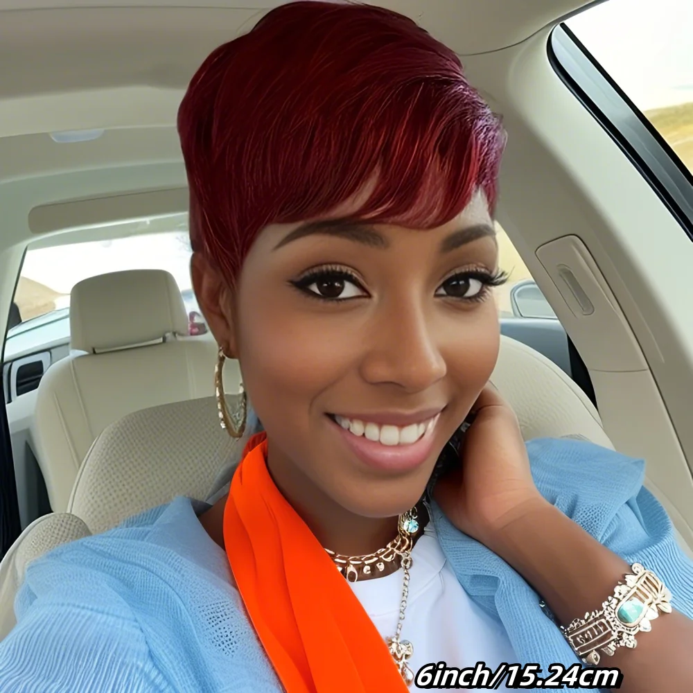 

99J Burgundy Short Pixie Cut Wig Human Hair for Women Straight Wig Machine Made with Bangs Natural Hairline