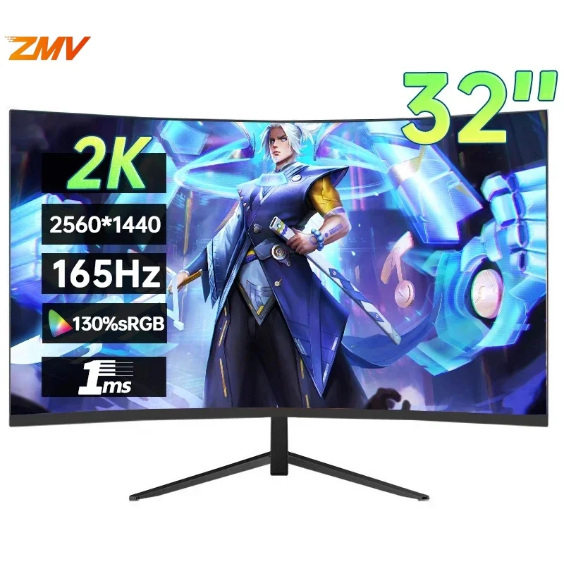 

ZMV 32 Inch 2K 165Hz Desktop Monitor 2560*1440 HDR 130%SRGB 1MS Freesync Game Computer Display IPS VA CurvedHDMI/DP