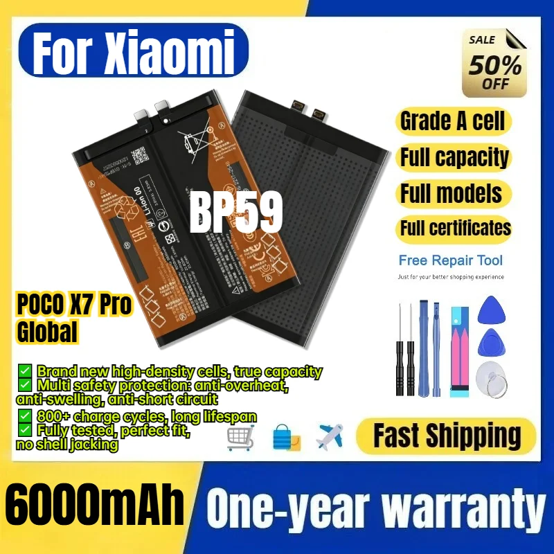 BP59 for Xiaomi POCO X7 Pro Global Phone Battery 0 Cycle High Quality High Capacity Replacement Bateria Grade A Cell with Tools