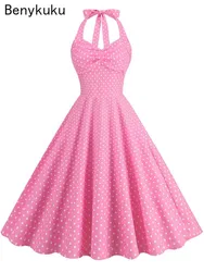 Robe Sexy Halter Rockabilly Party Dresses 50s 60s Women Summer Strapless Pink Polka Dot Femme High Waist Swing Vintage Dress