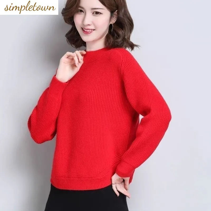 

Autumn new semi high neck thick sweater women's short loose slim knit sweater