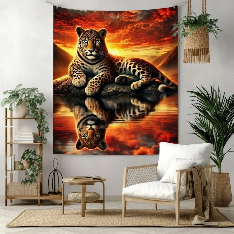 VIKAMA Leopard Sunset Tapestry Wall Hanging Wild Cat Rock Water Reflection Orange Sky Aesthetic Wall Art Bedroom Dorm Decor