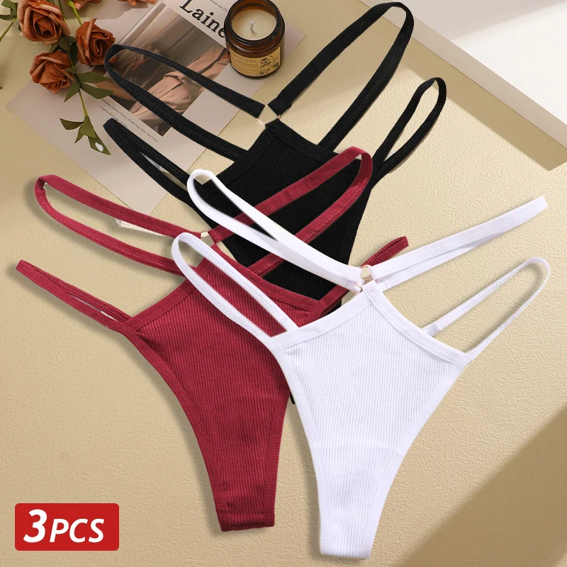 3PCS Women Cotton Panties Hollow Out Sexy Lingerie Metal Ring T-Back G-String Thongs Female Thread Comfortable Underwear Bikini