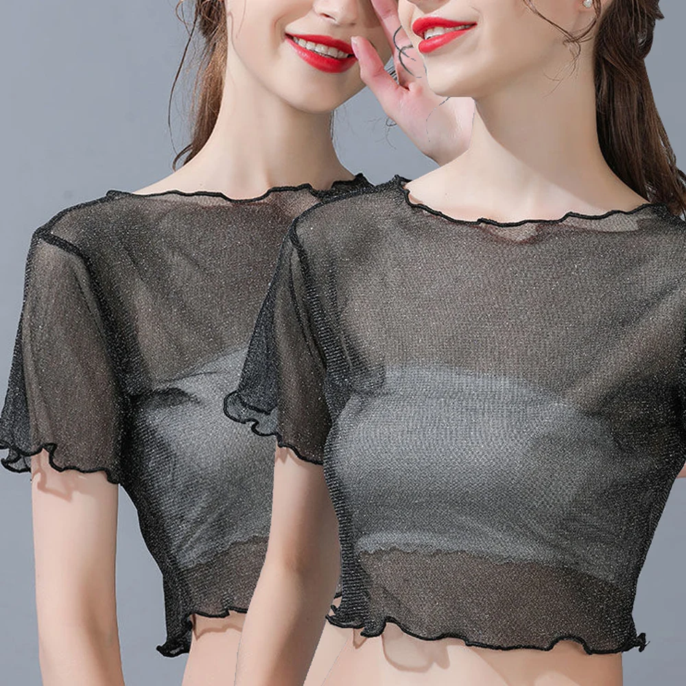 2pcs 1set Sexy Y2K T Shirt Shiny Mesh Crop Top Women   Pink Grey Black White O-neck With Fungus Shirts Transparent Girls Blouses