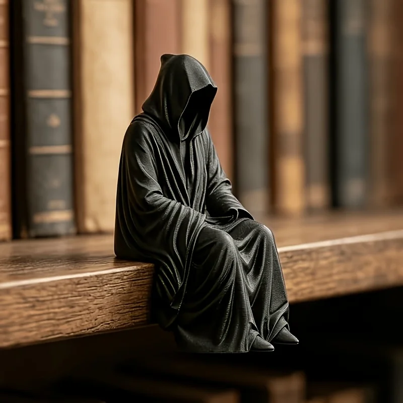 Gothic Grim Reaper Desktop Edge sitting posture Ornament Black Robe Faceless Wizard Sculpture Ornament Home Desktop Decor