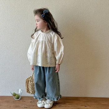 Kids Jeans Girls New 2024 Spring  Autumn Childrens Fashion Casual Wide-leg Pants Lace Princess Sweet and Lovely 4