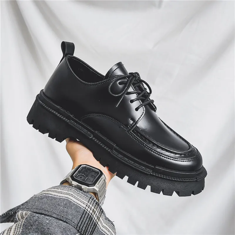 Mid Heel Men Oxford Shoes Black Leather British Men\'s Office Shoes Men Dress Shoes Formal Lace-up Black Shoes Thick Heel B271