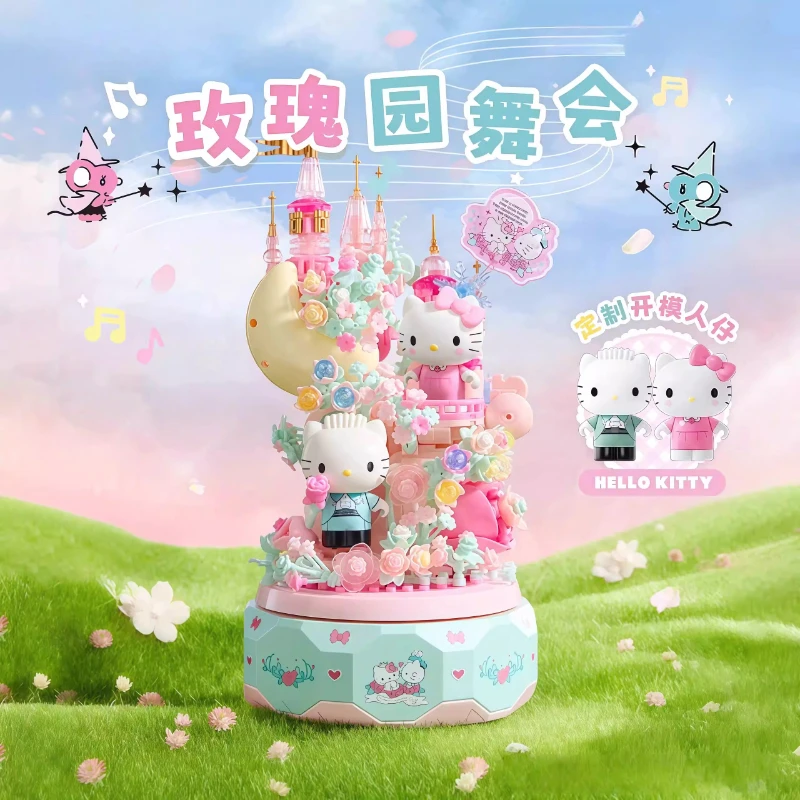 

Kawaii вращающаяся музыкальная шкатулка Hello Kitty Sanrio Little Twin Stars, фигурка, сборная модель, строительные блоки, игрушки, подарки на день рождения для девочек