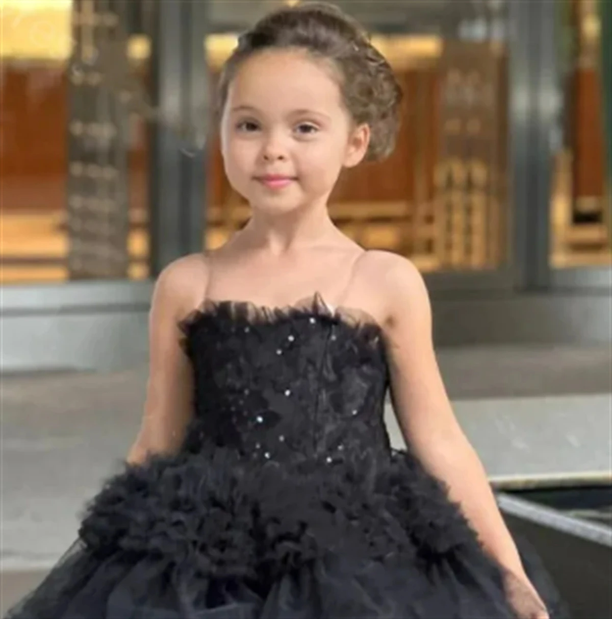 Flower Girl Dress Black Layered Tulle Ruffle Tube Top Sleeveless Wedding Flower Child's First Communion Birthday Party Dress