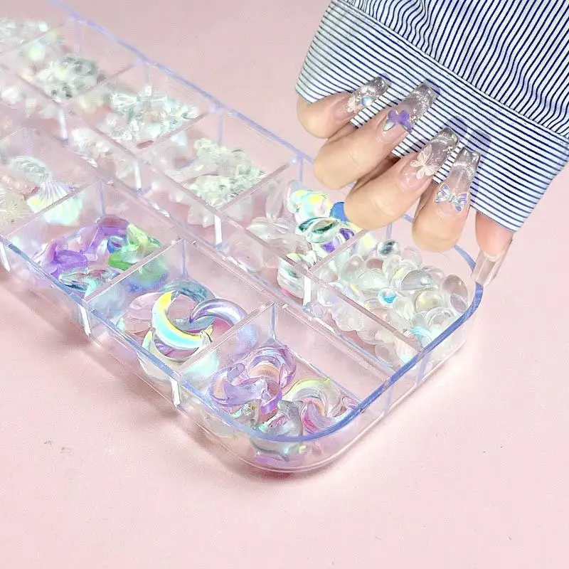 1Box Random Mixed Resin Shell Bear Moon Nail Charms Mini Transparent Bow Simulated Lollipop Aurora Nail Art Decorations DIY Nail