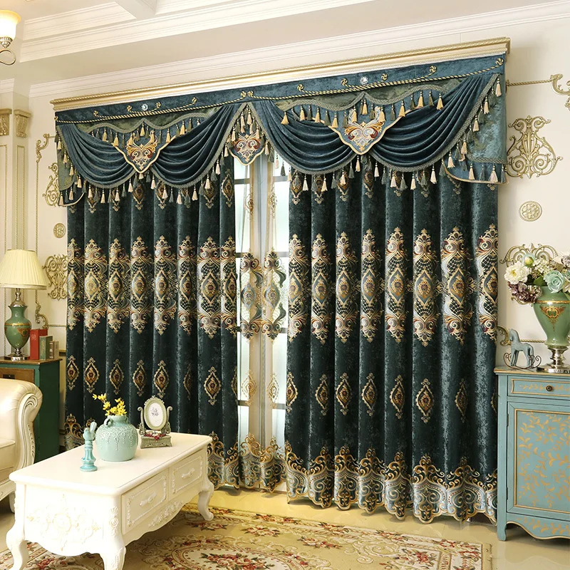 Blue Chenille European Embroidery  Curtains for Living Room Bedroom Dining   Custom Size Retro Print Luxury Grace Light Luxury