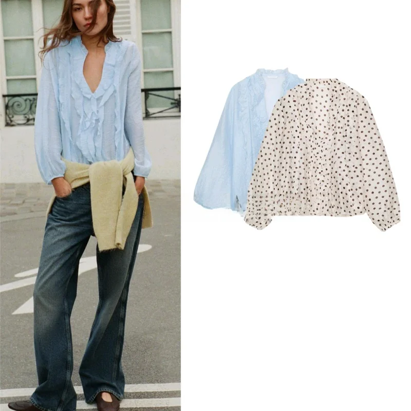 

Spring Women's Casual Long Sve V-ne Polka Dot Print Layered Decorative irt Loose Fit Polyester Skin-friendly Breathable