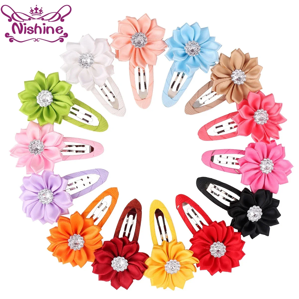 

10pcs/lot Satin Ribbon Flower Baby Hairpin Girls Children Hair Clips Headwear Crystal Head Accessories Birthday Gift Set