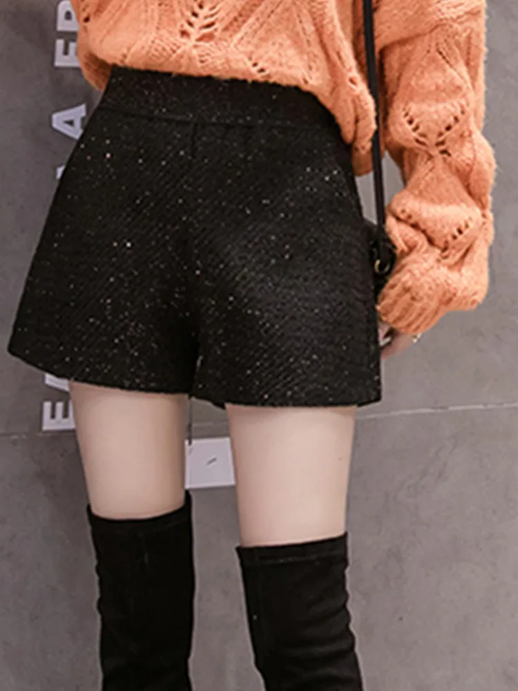 SMTHMA New Autumn Winter Versatile Elastic Waist Shiny Wide Leg Tweed Shorts Women's Small Fragrance Woolen Boots Pants