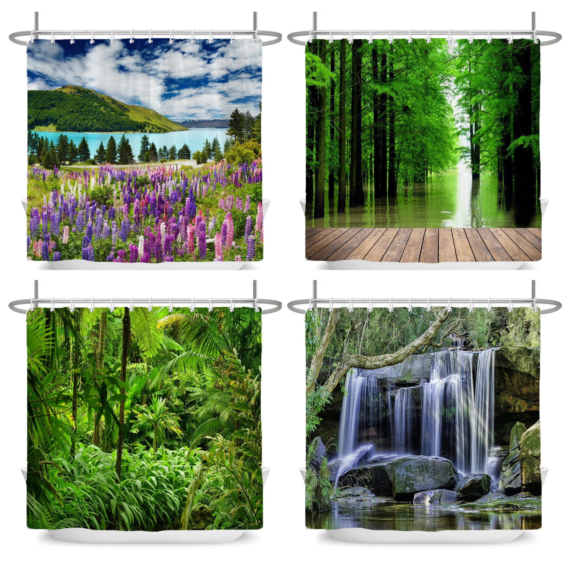 

Tropical Forest Natural Scenery Waterproof Shower Curtain Green Trees Waterfall Forest Bathroom Partition Screen Bath Curtain