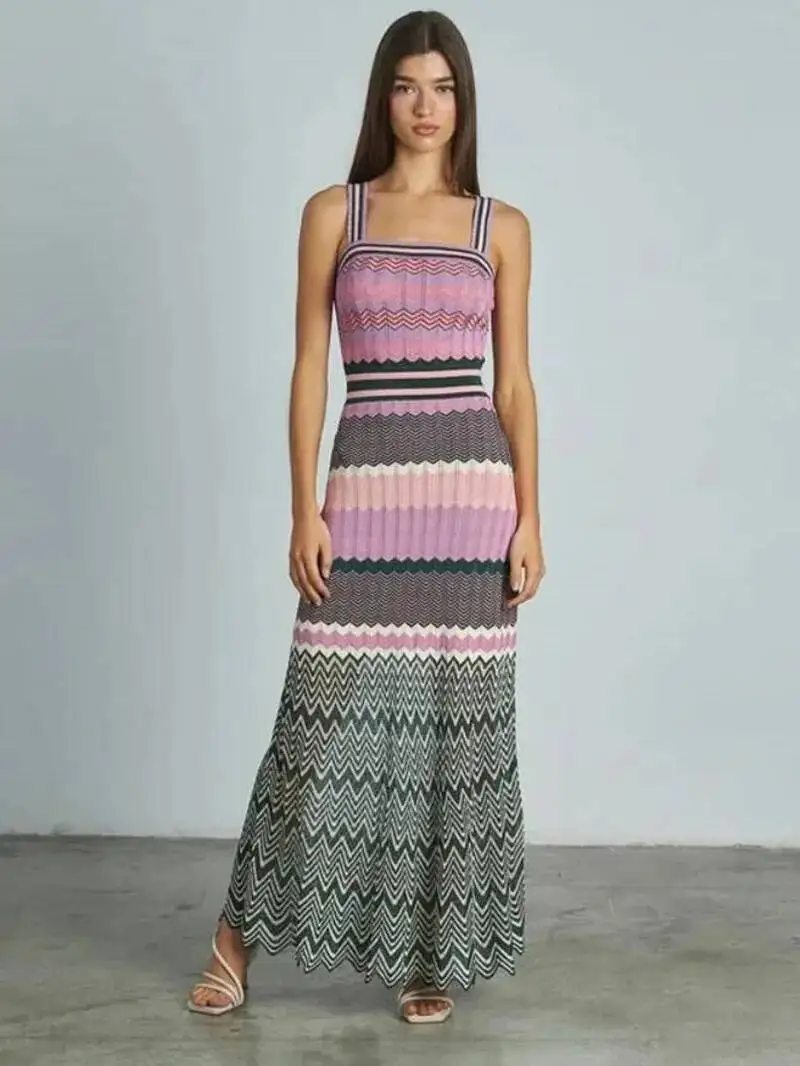 Elegant Knitting Dress Women Slim Sleeveless Square Collar Sling Long Dresses 2025 Autumn New Female Vacation Fashion Robes TDS8