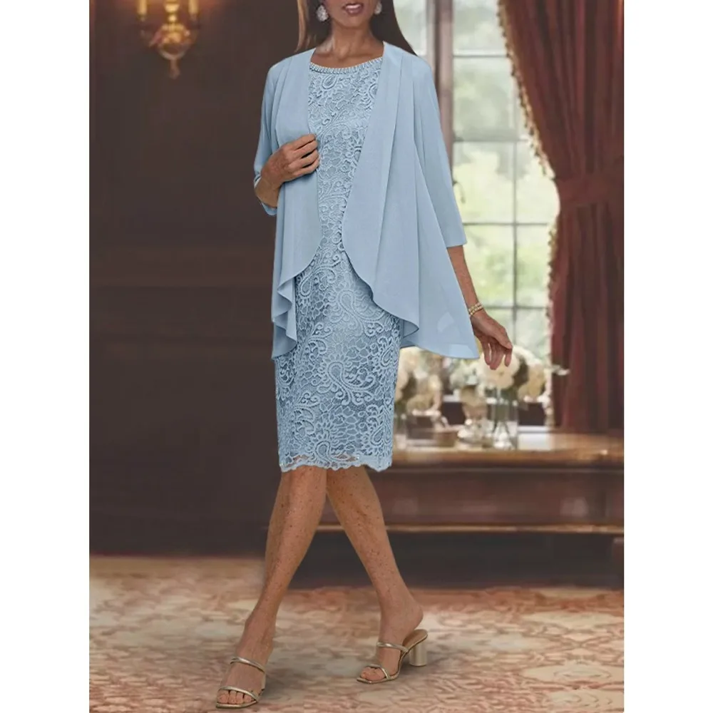 Customized 2Pcs Lace Mother of Birde Dresses 2026 for Women Wedding Sky Blue Elegant Evening Dress Chiffon Column Prom Gowns