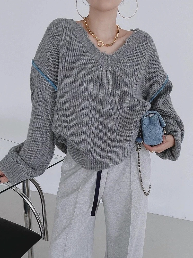 

High Quality Retro Loose Sweater Women Fall Winter Drop Sleeve Kintted Jumpers Female Korean Style V Neck Pullovers 2025 New