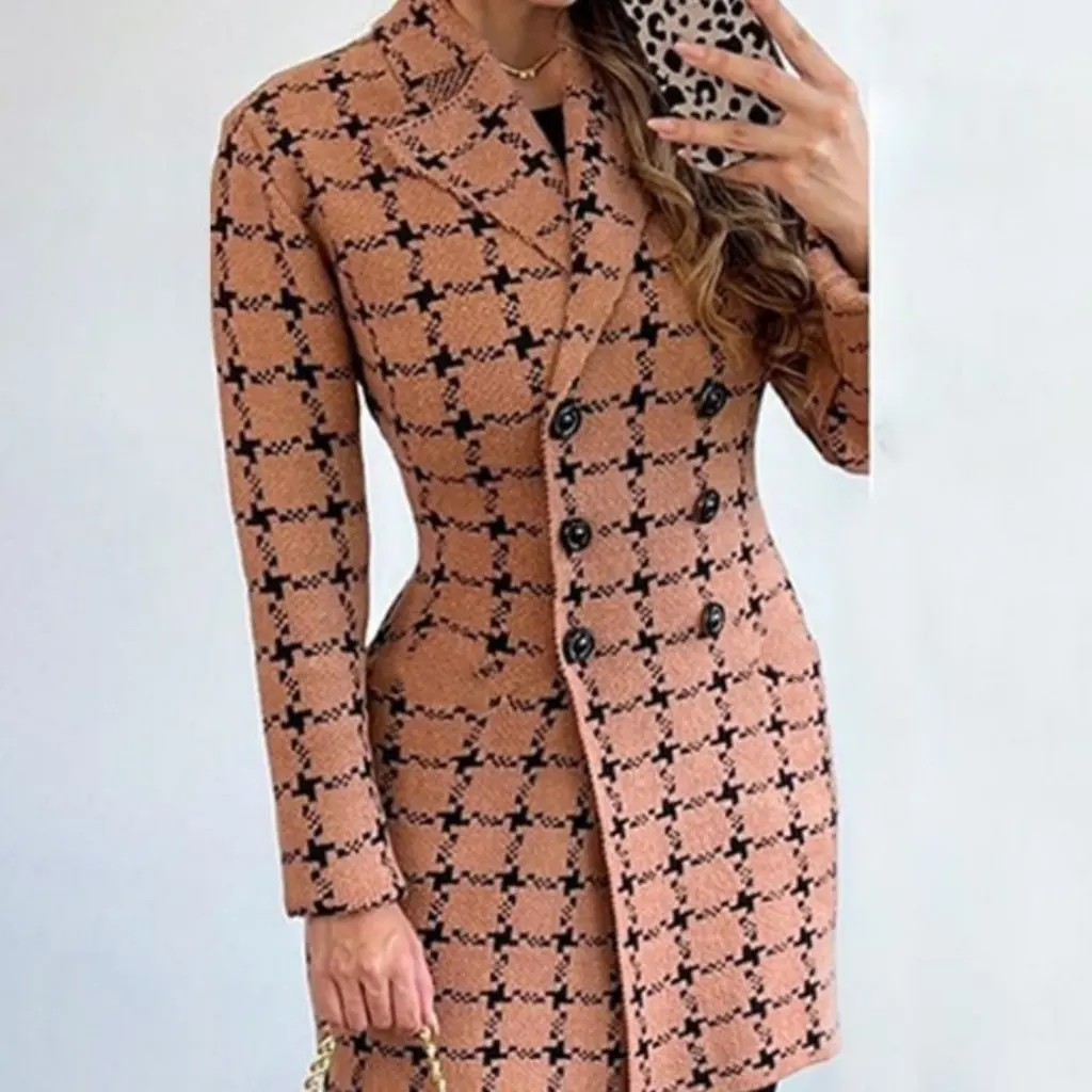 

Women's Fashion Houndstooth Cardigan Coat Long Sleeve Double Breasted Suit Collar Independent Station Clothing