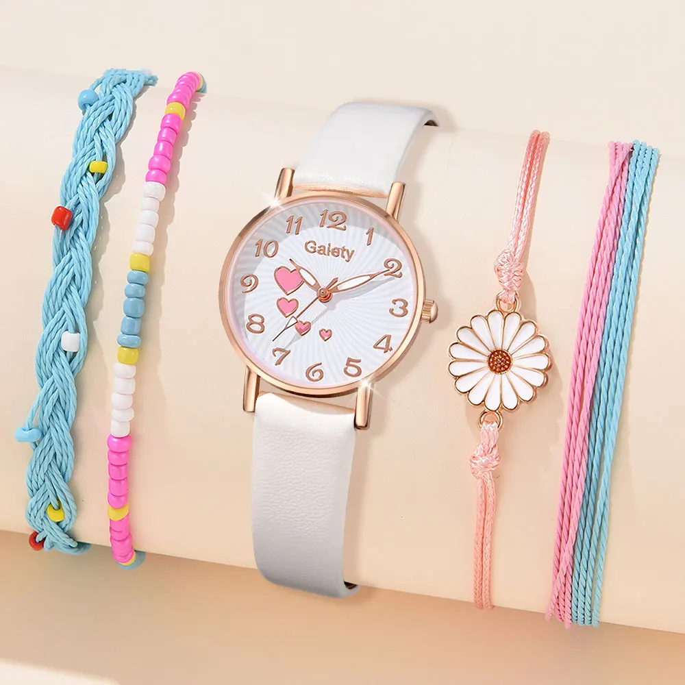 Gaiety 5PCS/Set Fashion Casual Women's Watch Pu Belt Quartz Watch Four Heart Dial Watch Daisy Bracelet Set Girl's Gift