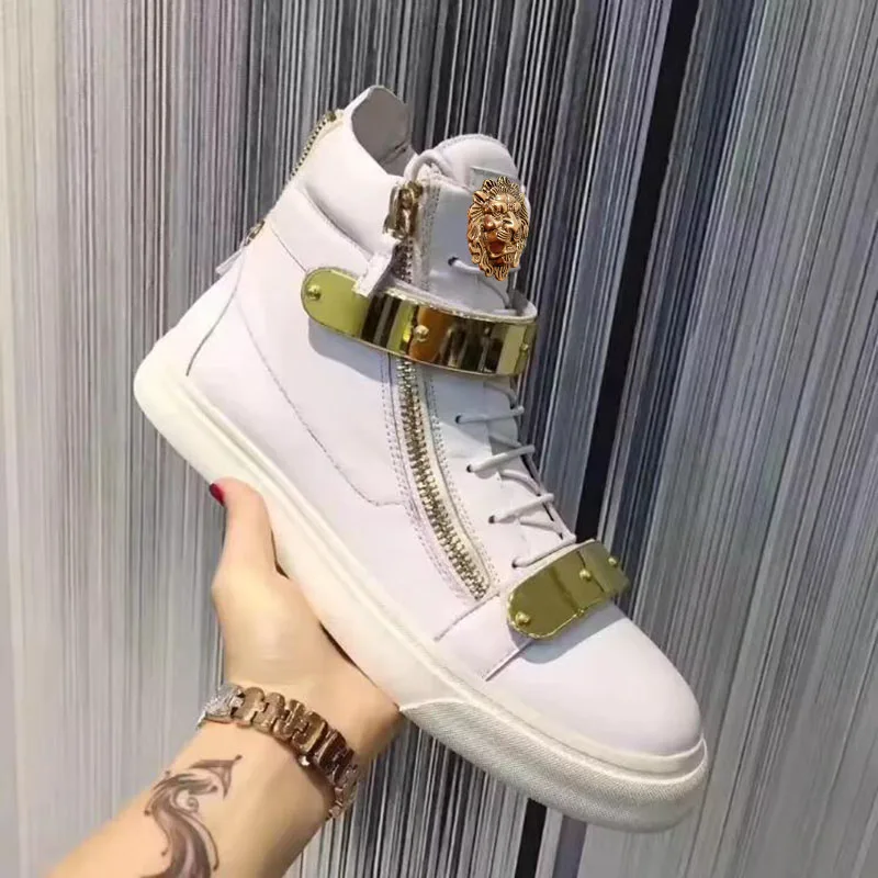 

Real Leather White Color Shoes Luxury High Quality Mens Casual For Top Metal Buckle Sneakers Board Spring Autumn Male