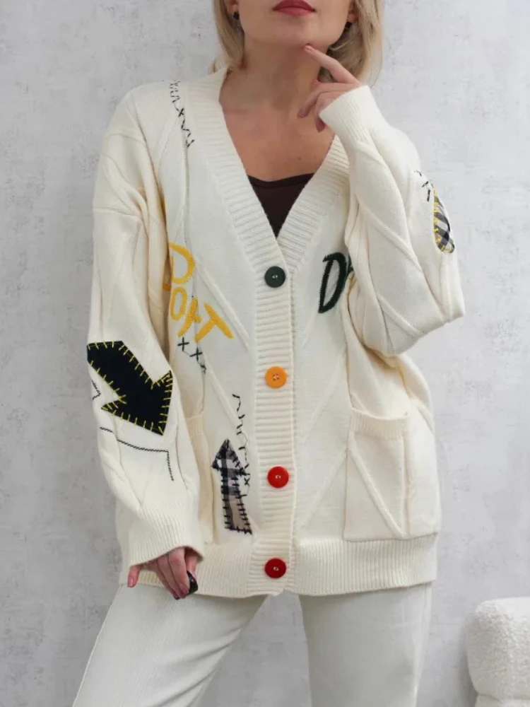 New in Winter White Cardigan Knit Sweater Women Sweaters Casual Loose Long Sleeve Top Cartoon Thickening V-neck Cardigan Sweater