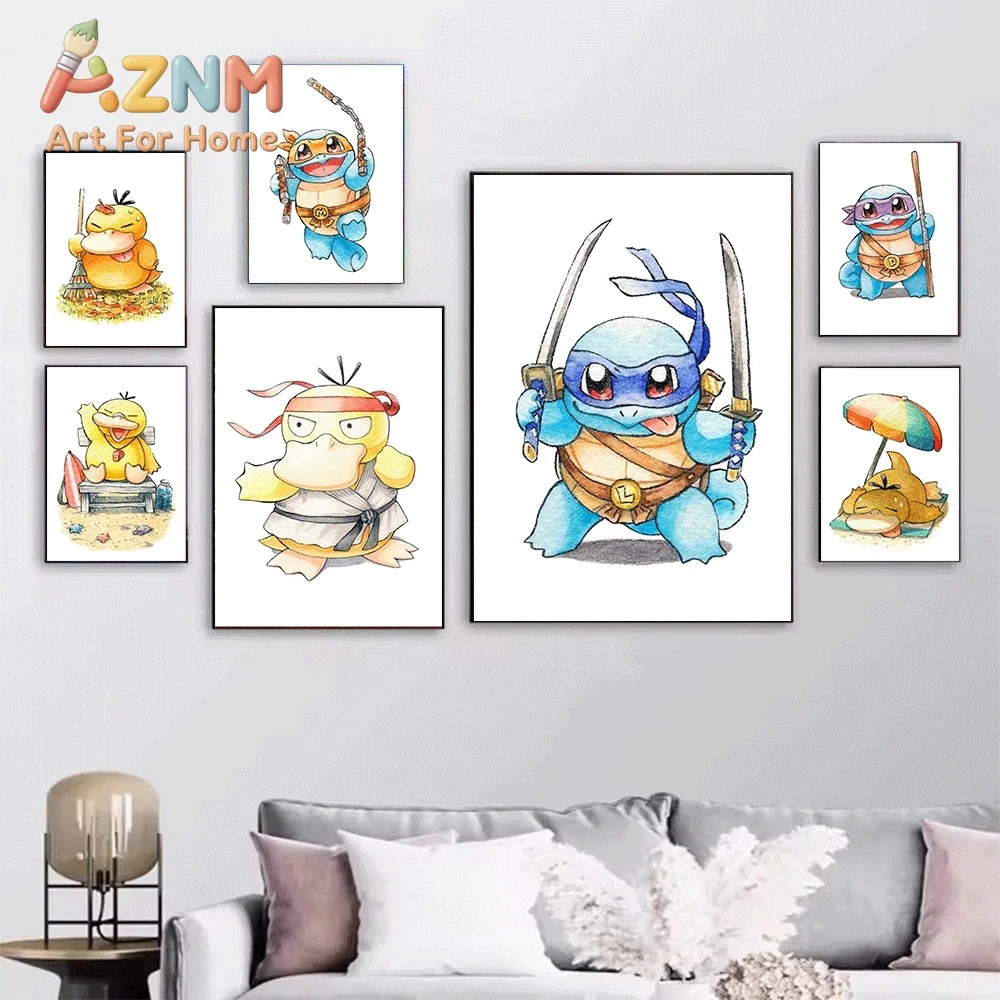 AZNM Pokemon Psyduck Denim Jacket Watercolor Canvas Wall Art Unframed Anime Monster Print Home Kids Bedroom Living Room Decor